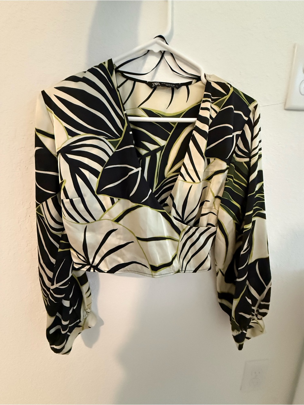 Zara Black, Cream & Olive Leaf-Print Wrap Crop Blouse